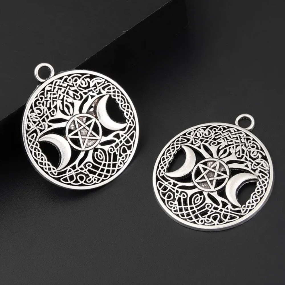 10pc Silver Triple Moon Goddess Charms – 38.5x34mm Wicca Pentagram Tree of Life